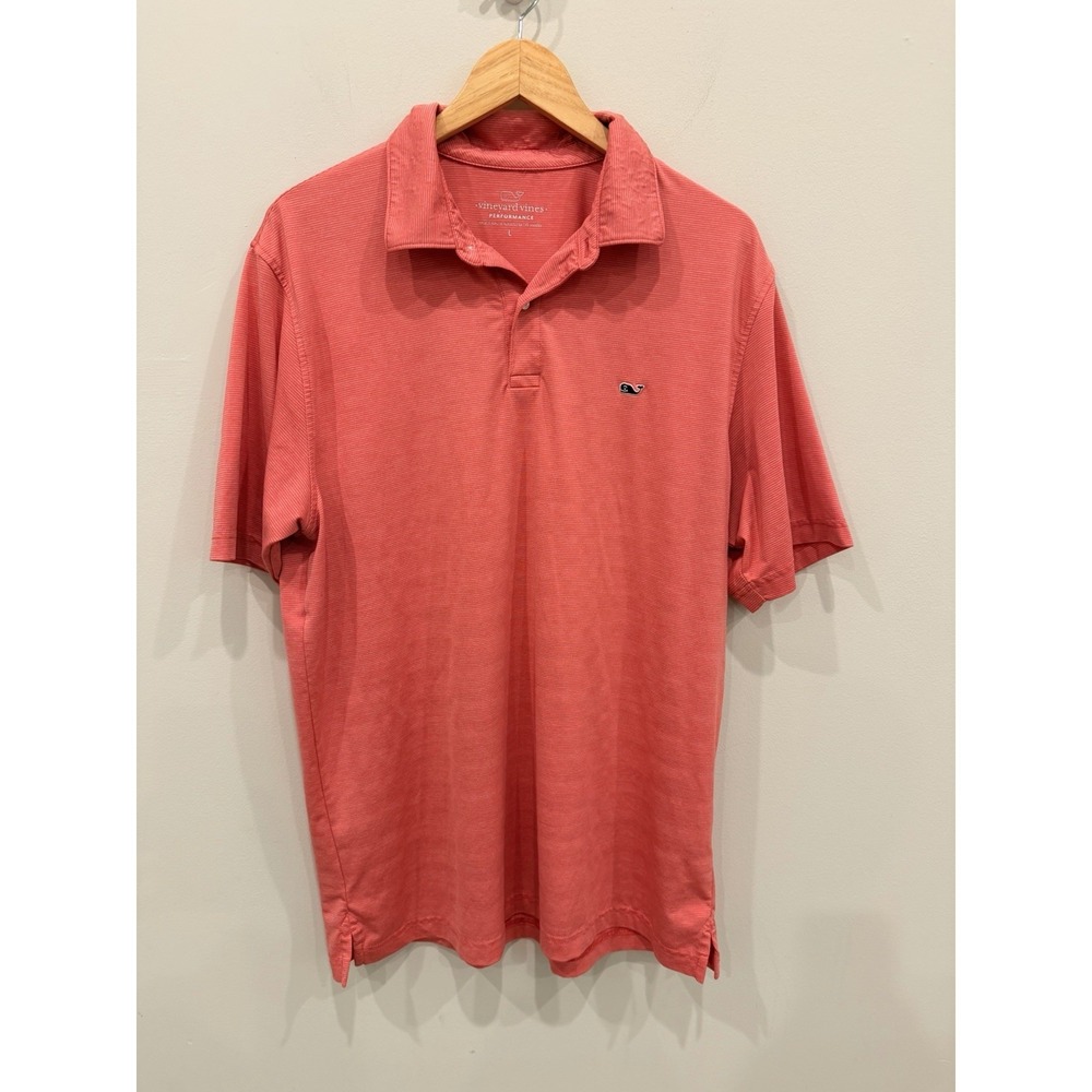 Vineyard Vines Performance Polo Mens Large Coral Pink Striped Golf Shirt